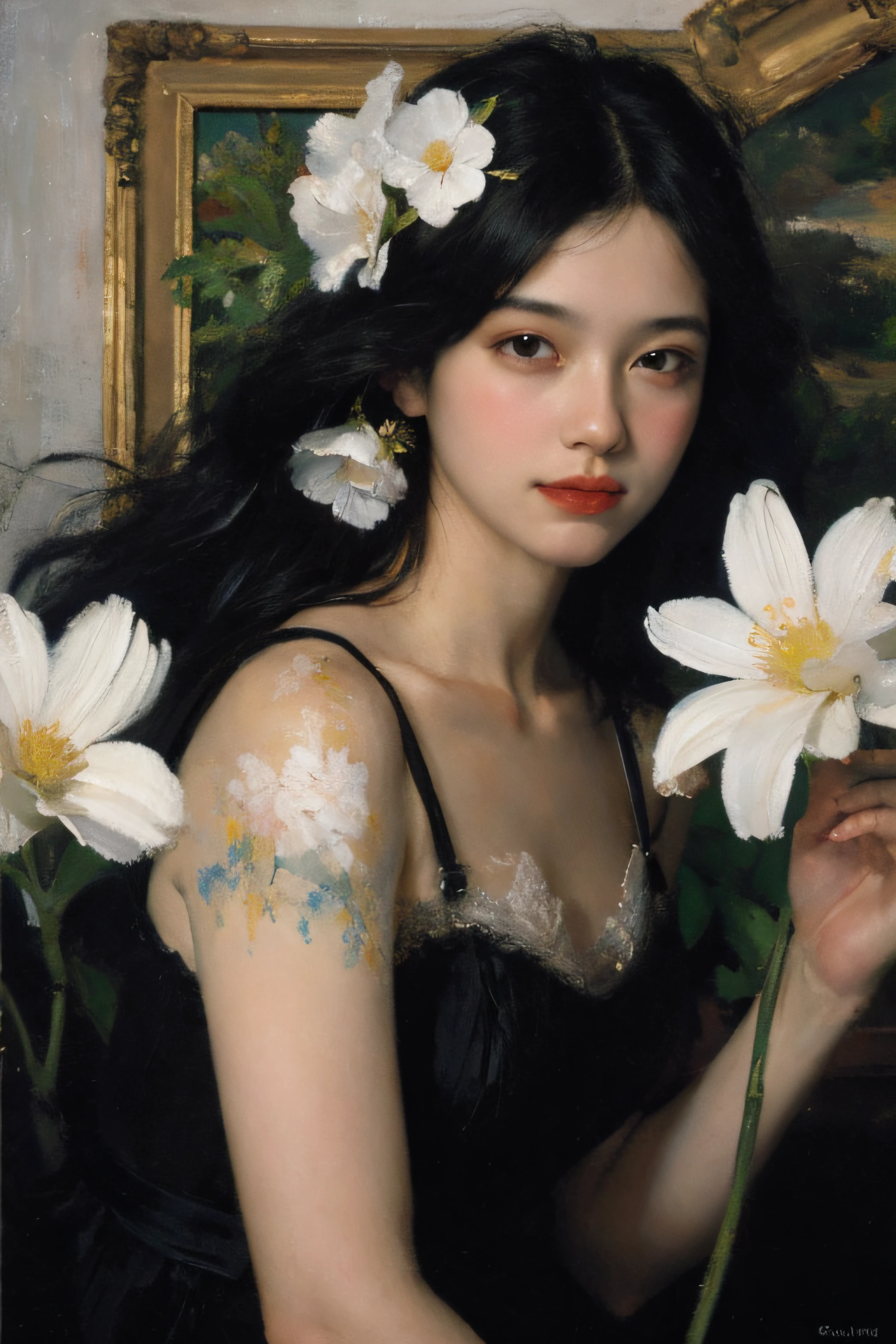 (oil painting:1.5),
\\
a woman with long black hair and white flowers in her hair is laying down in a field of white flowers, (amy sol:0.248), (stanley artgerm lau:0.106), (a detailed painting:0.353), (gothic art:0.106)