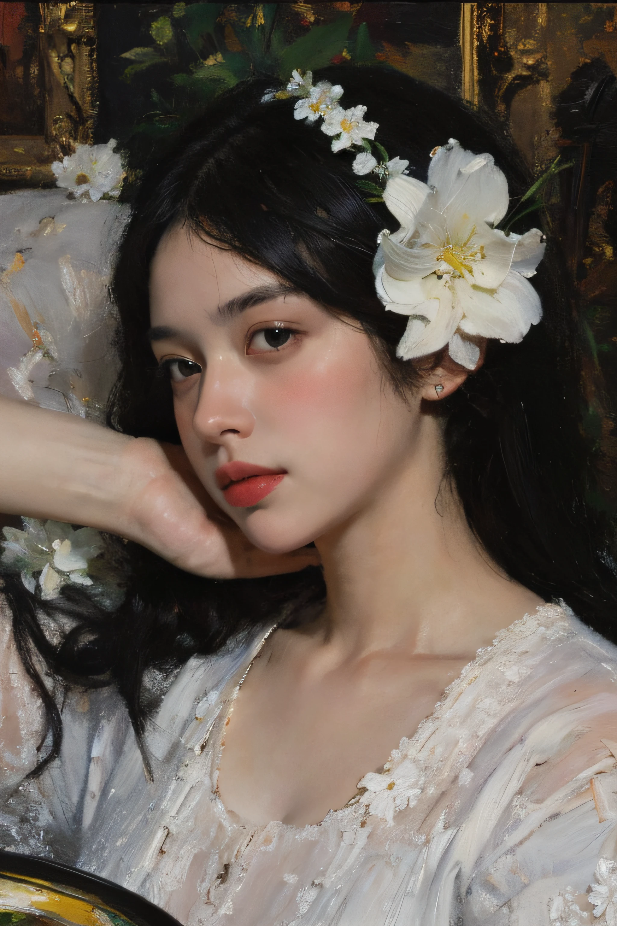 (oil painting:1.5),
\\
a woman with long black hair and white flowers in her hair is laying down in a field of white flowers, (amy sol:0.248), (stanley artgerm lau:0.106), (a detailed painting:0.353), (gothic art:0.106)