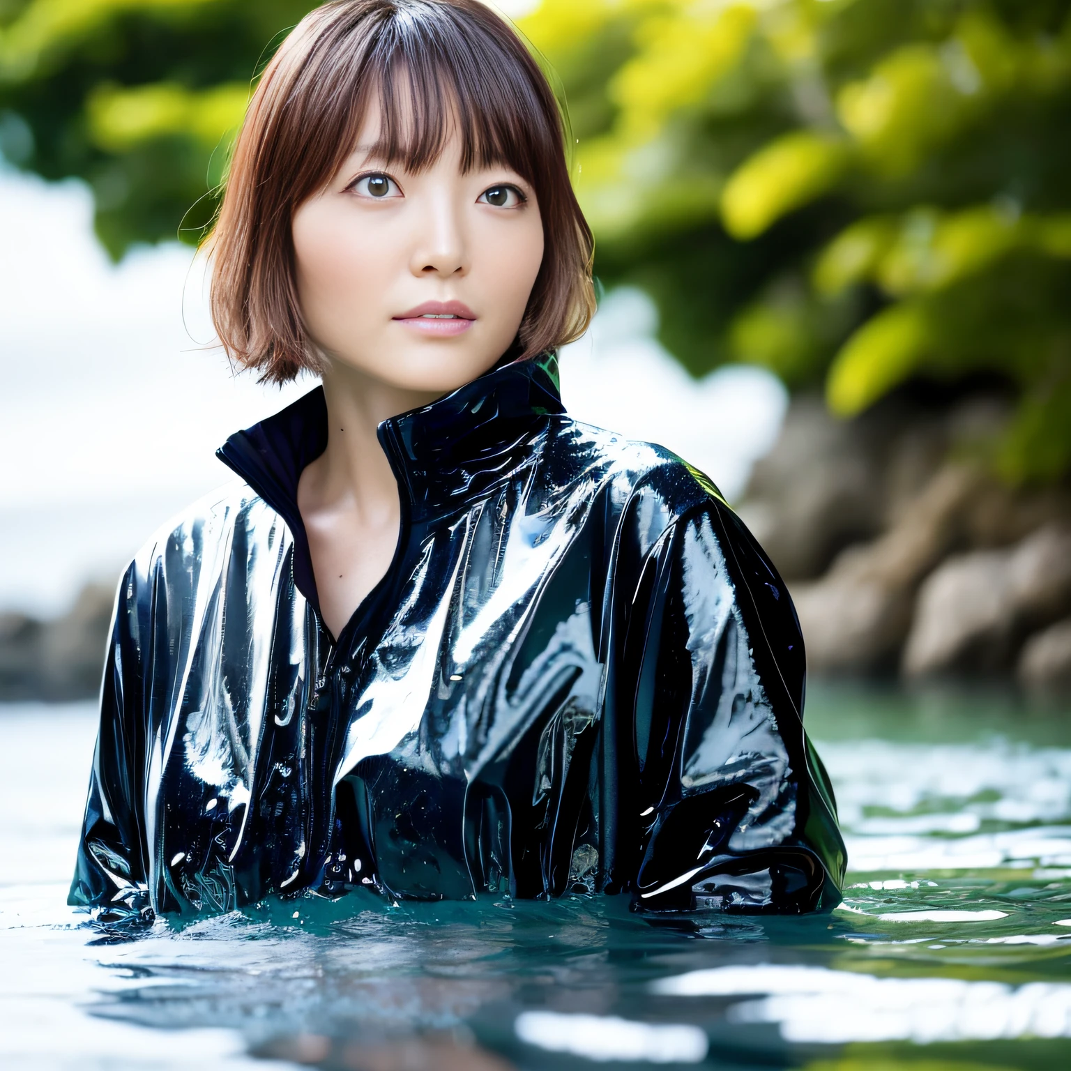 One woman, excellent, masterpiece, brown hair, black jacket, wet jacket, shiny jacket, wet shirt, white shirt, transparent shirt, shiny shirt, looking up, upper body, hair, , fair skin, side blades, soaking in the sea, wet clothes, wet hair, wet skin, underwear, rain, water droplets, disheveled hair, hair clinging to the face, shiny hair