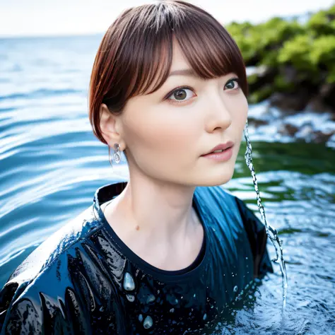 one woman, excellent, masterpiece, brown hair, black jacket, wet jacket, shiny jacket, wet shirt, white shirt, transparent shirt...