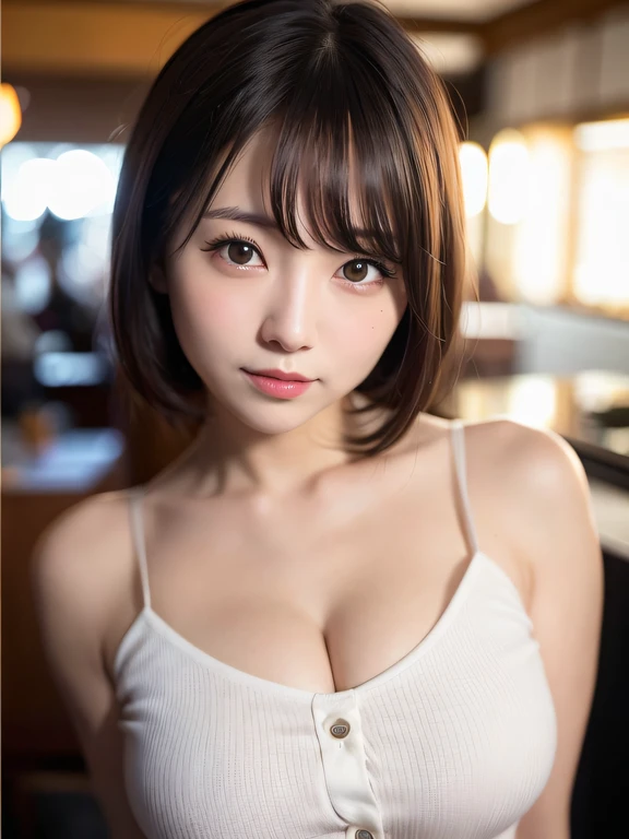 (最高品質, 8k, 32K, 傑作, 超高解像度: 1.2), かわいい日本の女性の写真, 巨乳, 非常に短いボブヘア, 上半身, 顔フォーカス, シンプルな背景, ルックビューア,