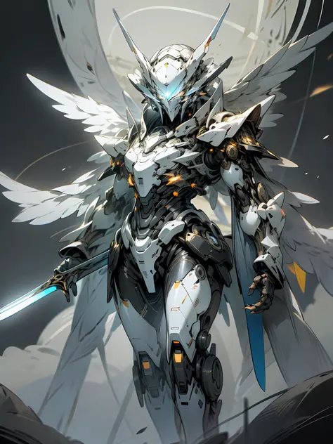 (masterpiece, best quality:1.3),extremely high detailed, intricate, 8k, HDR, wallpaper, cinematic lighting, (universe),(holding sword:1.3), glowing, armor, glowing eyes, mecha, large wings,