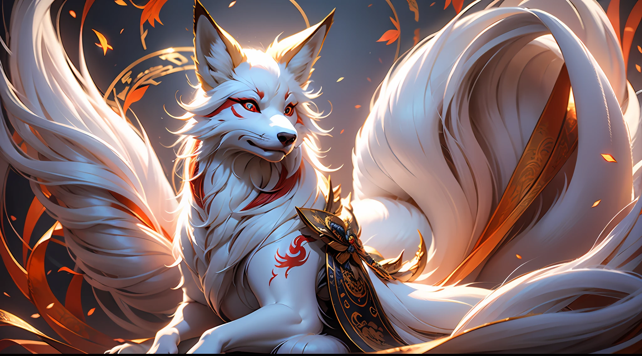 (Best Quality: 1.3), (Masterpiece: 1.3), (Realistic: 1.4), (Detail: 1.1), Nine Tails, Fox, White Fur, Super Fine, Super Flowing, Red Dragon Pattern on the Body, Red Eyes Bright and Gody, 9 Tails Upward, Dynamic, Mythical Background, Super Dreamy