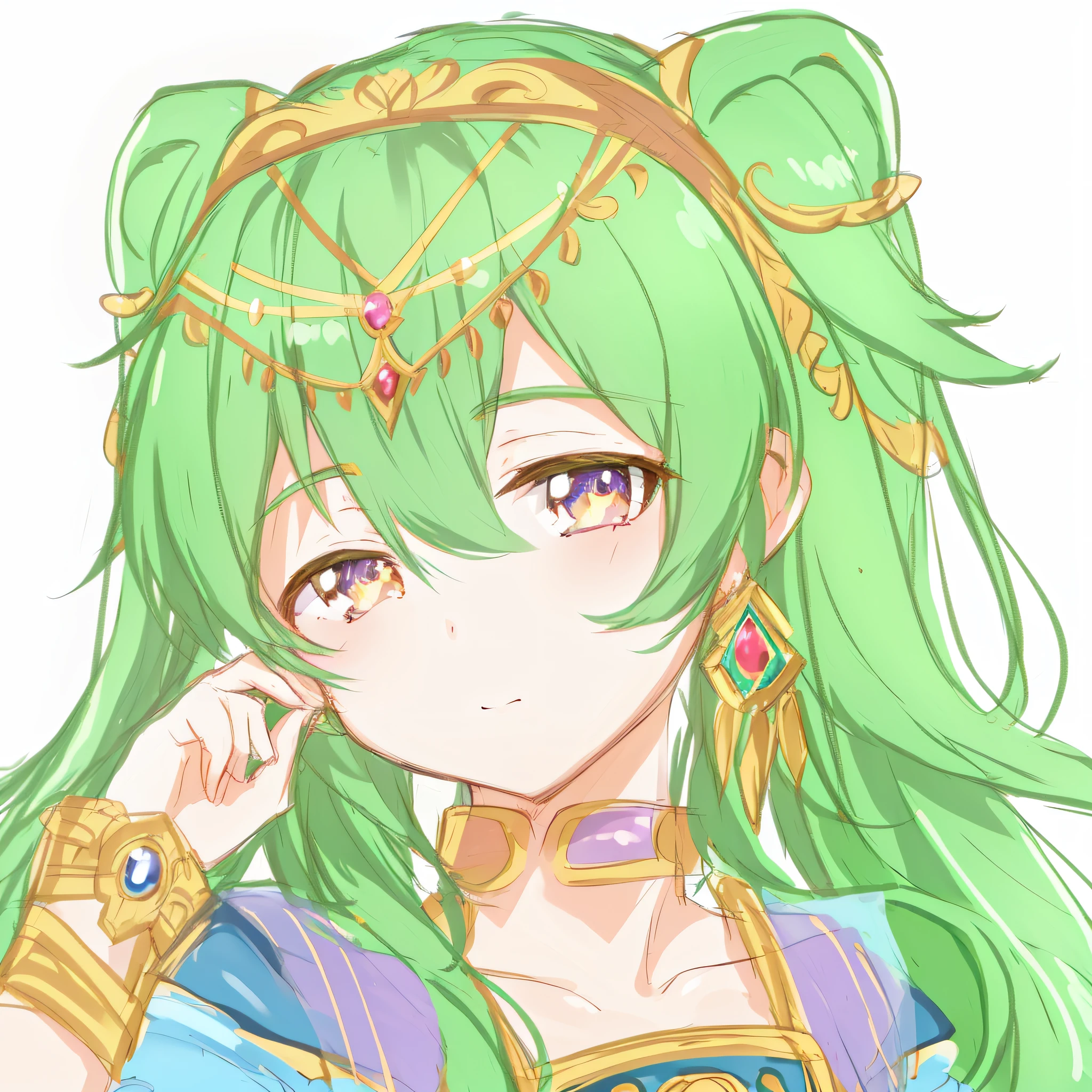 anime girl with green hair and a headpiece with jewels, portrait knights of zodiac girl, palutena, ((a beautiful fantasy empress)), lady palutena, ancient libu princess, anime goddess, highly detailed exquisite fanart, anime moe artstyle, green tiara, green colored skin!!, royal elegant pose, a beautiful fantasy empress, anime style portrait