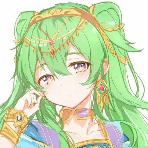 anime girl with green hair and a headpiece with jewels, portrait knights of zodiac girl, palutena, ((a beautiful fantasy empress...
