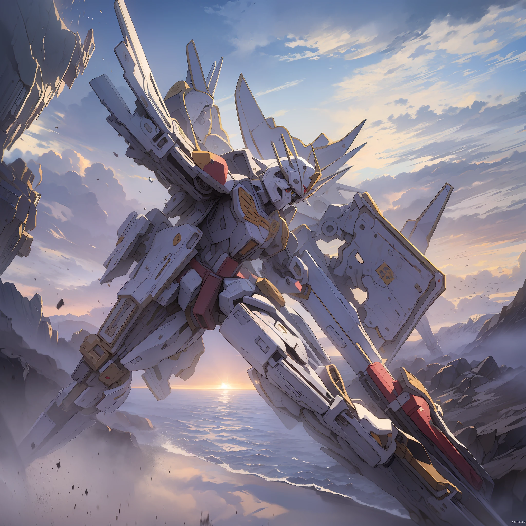 Masterpiece, best quality, 8K wallpaper, ink style, landscape between an armed Gundam is playing the piano