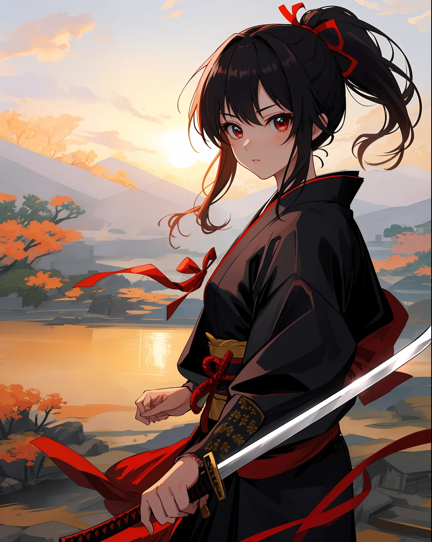 杰作, 超高品质, 超级细节, 完美绘画, 独自的, 美丽的女孩, 持剑的武士, 黑色马尾辫, 头发上扎着大红丝带, 配备两把日本刀, 愤怒.