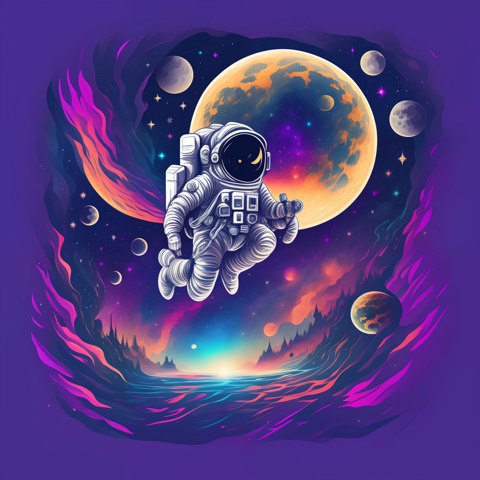 einzigartiges T-Shirt-Design kombiniert Elemente des Weltraums, Vektorgrafiken,futuristische Grafiken, und abstrakte Kunst. Das Design zeigt eine fesselnde Illustration eines Raumschiffs, das durch eine Galaxie voller leuchtender Nebel und Himmelskörper rast. Die Typografie ist elegant und modern, mit einem Hauch von Science-Fiction-Einfluss. Die Farbpalette umfasst tiefe Blautöne, Purpur, und elektrische Farben, ein Gefühl von Ehrfurcht und Staunen erzeugen. Dieses Design ist perfekt für diejenigen, die vom Weltraum und den Geheimnissen des Universums fasziniert sind.