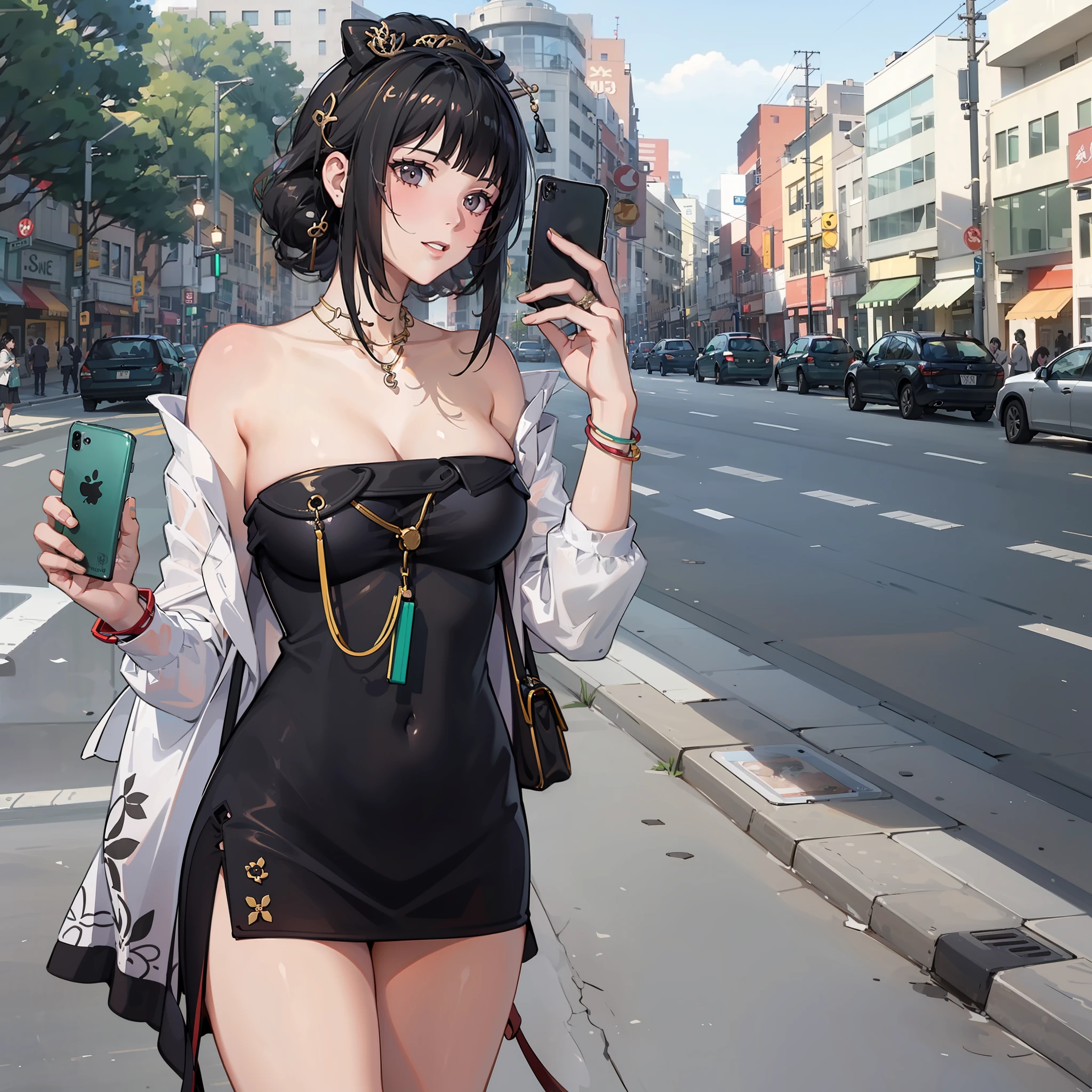 Beautiful woman, fiddling with cell phone in the middle of the street, short clothes