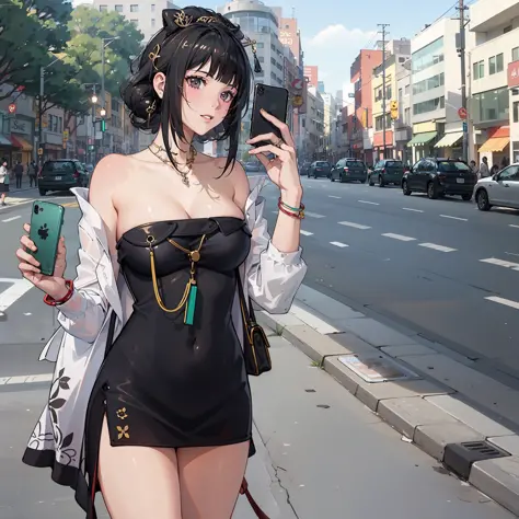 beautiful woman, fiddling with cell phone in the middle of the street, short clothes