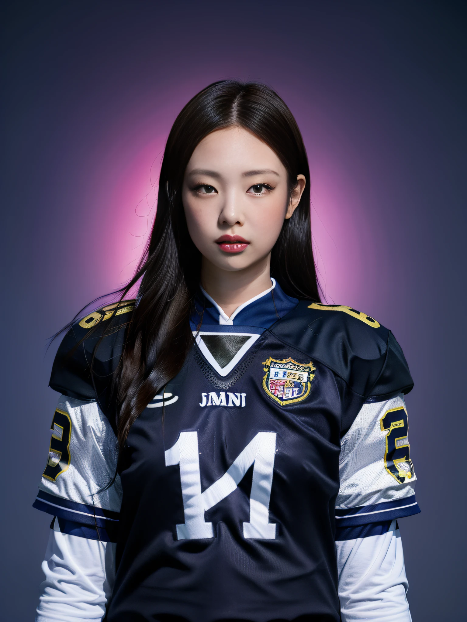 Masterpiece, superlative, realistic, Jennie wearing trendy football uniform, HD, photography and lighting, 16k