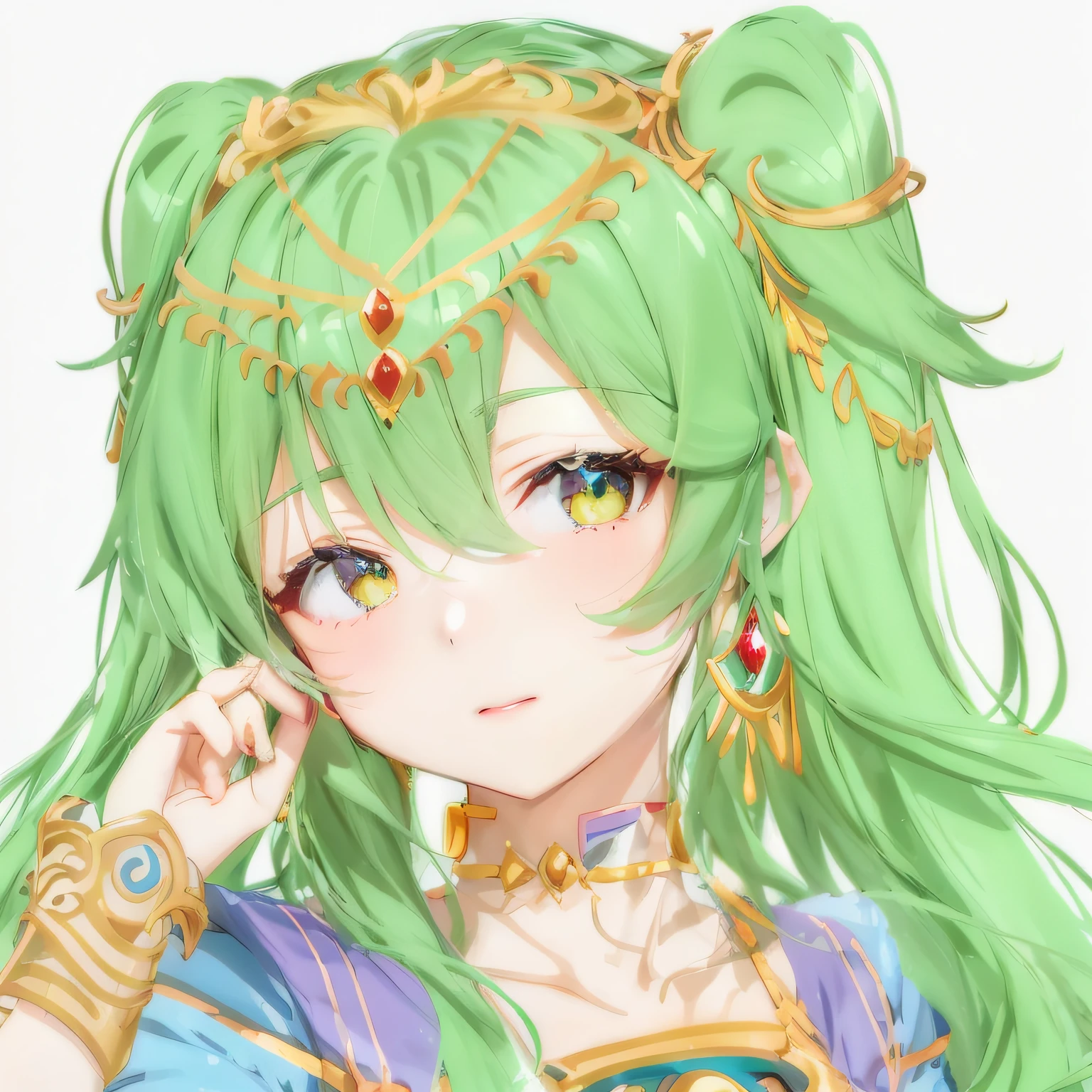 Anime-Mädchen mit grünen Haaren und grünen Augen trägt ein blaues Kleid, portrait Ritter des Tierkreises Mädchen, Palutena, ((eine wunderschöne Fantasiekaiserin)), lady Palutena, Anime-Göttin, Anime-Moe-Kunststil, fus rei, Ritter des Tierkreises Mädchen, Ayaka Genshin Impact, mikudayo, heiterer Ausdruck, von Kamagurka, königliche elegante pose