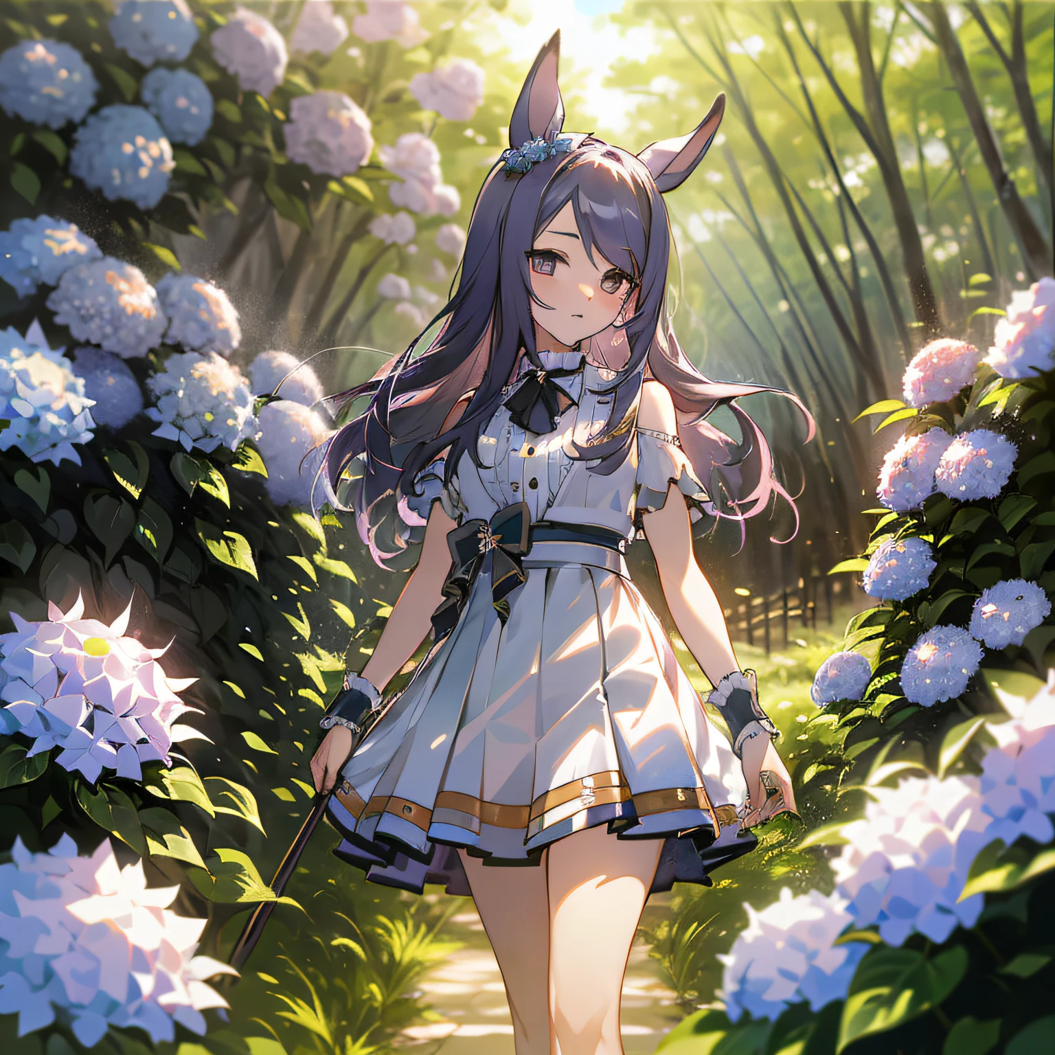 (Obra Prima: 1.2, Max Quality), (Beautiful Eye Detail: 1.2), (Oblablyma, Max Quality, Super Detail, Best Shadow), (Detail Background), (Detail Face, Detail Eyes Beauty), High Contrast, (Best Lighting, Very Delicate Beautiful), 1girl, Uma Musume, Mejiro McQueen, hydrangea, walking, Rhodoland, Kamakura, ancient capital, hydrangea, lens flare, soft sunset, hydrangea foreground, surrounded by flowers,