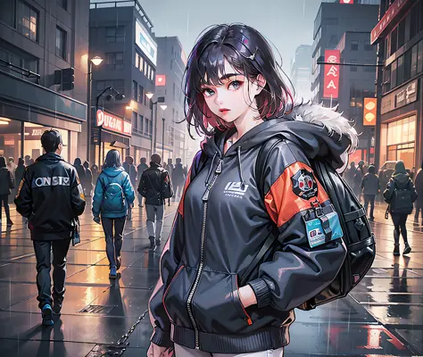 1girl, jacket, rain, outdoor, hoodie, open jacket, chain, backpack, messy hair, trend on artstation, 8k resolution, very detailed, anatomically correct, clear picture Cyberpunk Korean casual wear heavy rain casual clothes tall leg length modern technology ...
