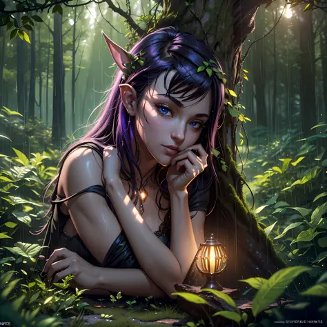 Masterpiece, superlative, (very detailed CG unified 8k wallpaper), dynamic lighting, (charming dark night elf forest), dim forest, meadow, bathed in dark and ethereal light, highlighting every intricate detail, adding fantastic texture to the scene, myster...