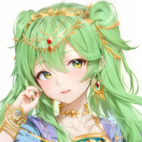 anime girl with green hair and green eyes wearing a blue dress, portrait knights of zodiac girl, palutena, ((a beautiful fantasy...