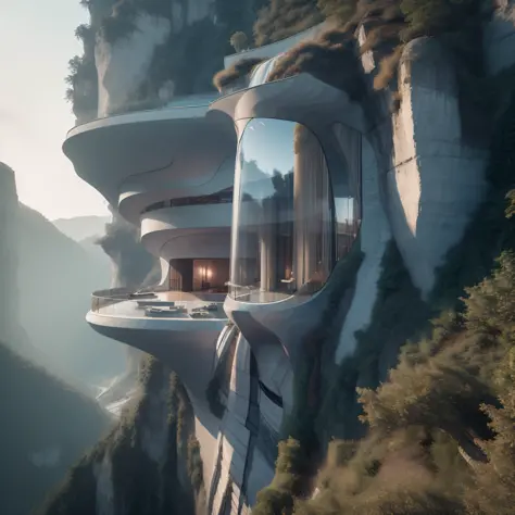 Residence, Science fiction architecture, deep in the mountains, waterfalls, cliffs, daytime, glass curtain wall, beautiful and a...