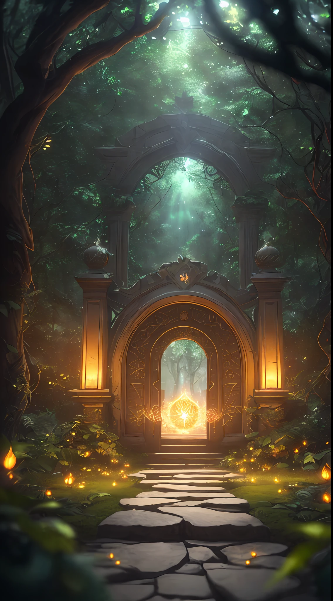 (Digital Artwork:1.3) of (Sketched:1.1) octane render of a mysterious dense forest with a large (magical:1.2) gate (portal:1.3) to the eternal kingdom, The gate frame is designed in a round shape, surrounded by delicate leaves and branches, with fireflies and glowing particle effects, (UI interface frame design), (natural elements), (jungle theme), (square), (leaves) , (twigs), (fireflies), butterflies, (delicate leaves), (glow), (particle effects, light engrave in intricate details, (light particle:1.2), (game concept:1.3), (depth of field:1.3), global illumination,Highly Detailed,Trending on ArtStation.