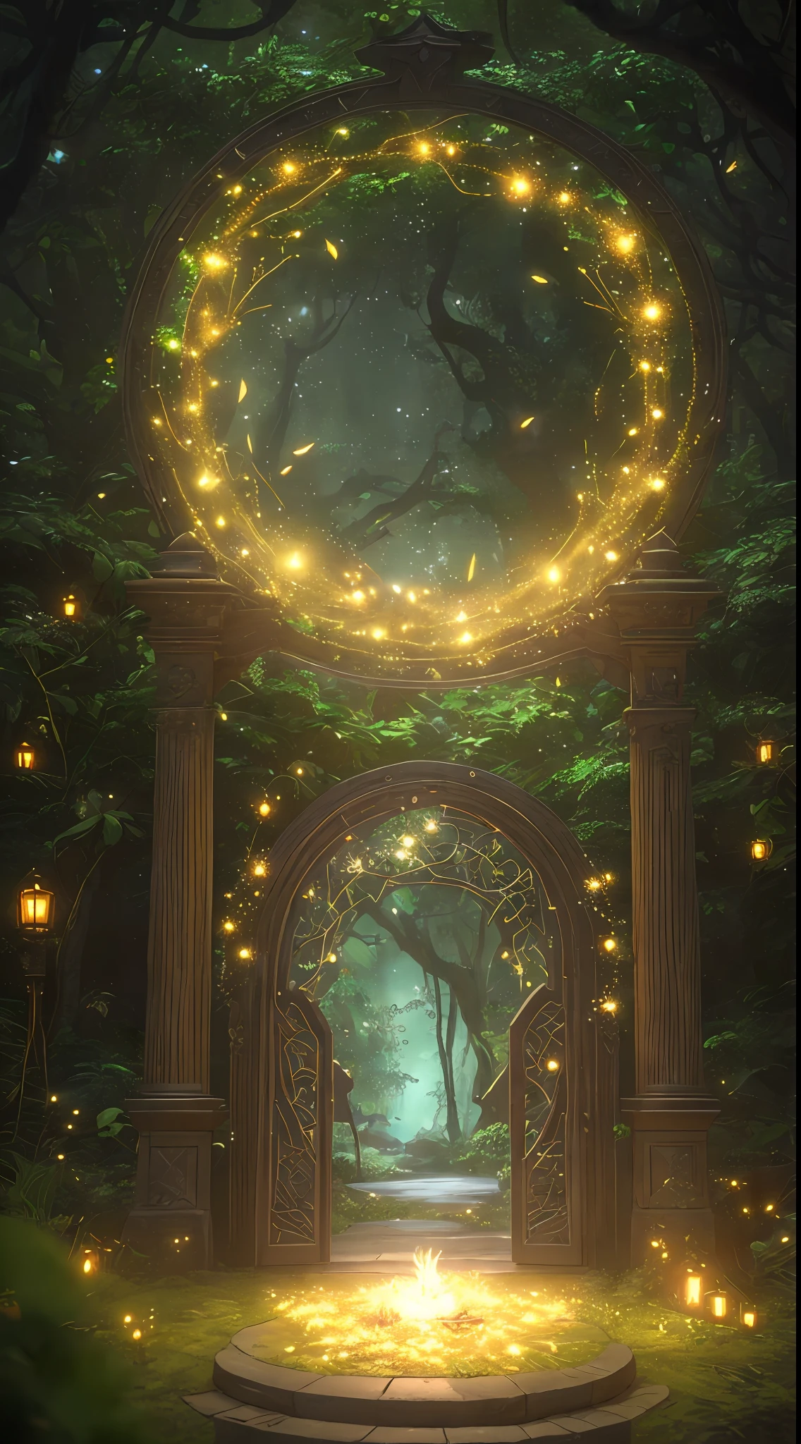 (Digital Artwork:1.3) of (Sketched:1.1) octane render of a mysterious dense forest with a large (magical:1.2) gate (portal:1.3) to the eternal kingdom, The gate frame is designed in a round shape, surrounded by delicate leaves and branches, with fireflies and glowing particle effects, (UI interface frame design), (natural elements), (jungle theme), (square), (leaves) , (twigs), (fireflies), butterflies, (delicate leaves), (glow), (particle effects, light engrave in intricate details, (light particle:1.2), (game concept:1.3), (depth of field:1.3), global illumination,Highly Detailed,Trending on ArtStation.