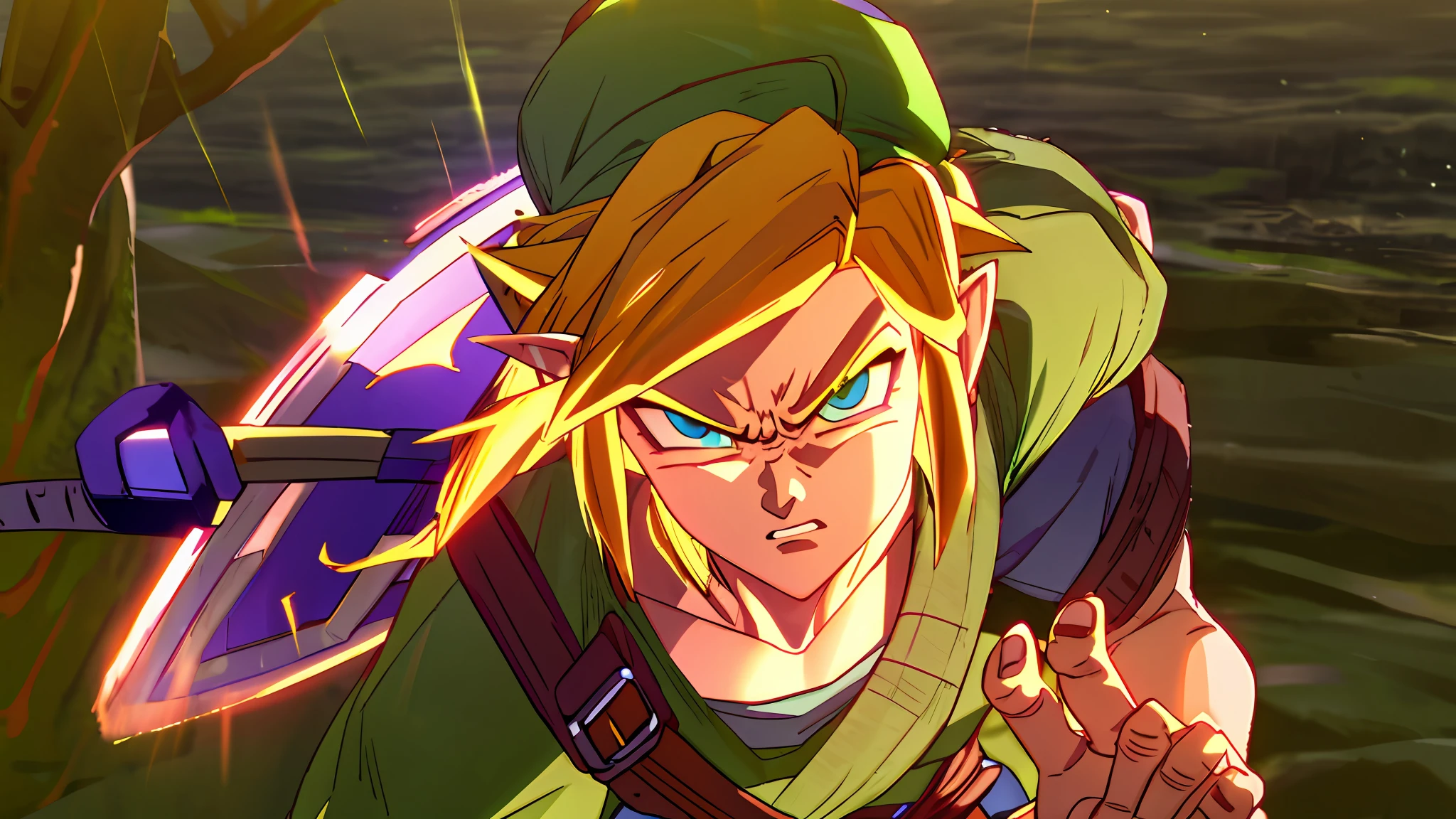 link, legend of zelda, green hat, green clothing, light pants, sword, shield, blue eyes, golden hair, angry face, super saiyan, hd, highres