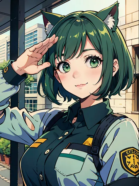 Composition of uniformed security guard (cat girl, short green bobbed hair, green eyes, satisfied smile) stopping and saluting at the entrance of the building
