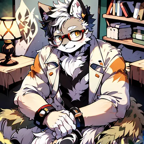 furry, male arctic fox, gray fur, golden eyes, wearing single-rimmed glasses, artist, wearing a white trench coat, sitting in a ...