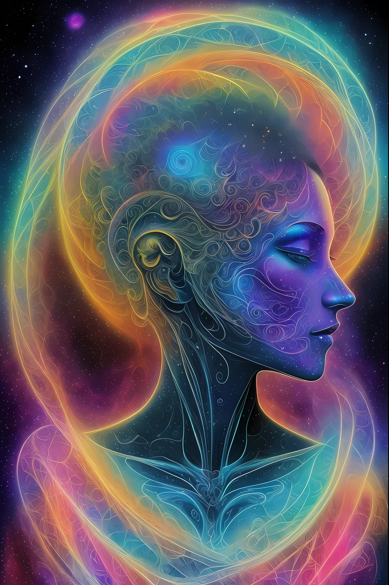 A painting of a woman with a glowing head and a spiral around her - SeaArt  AI