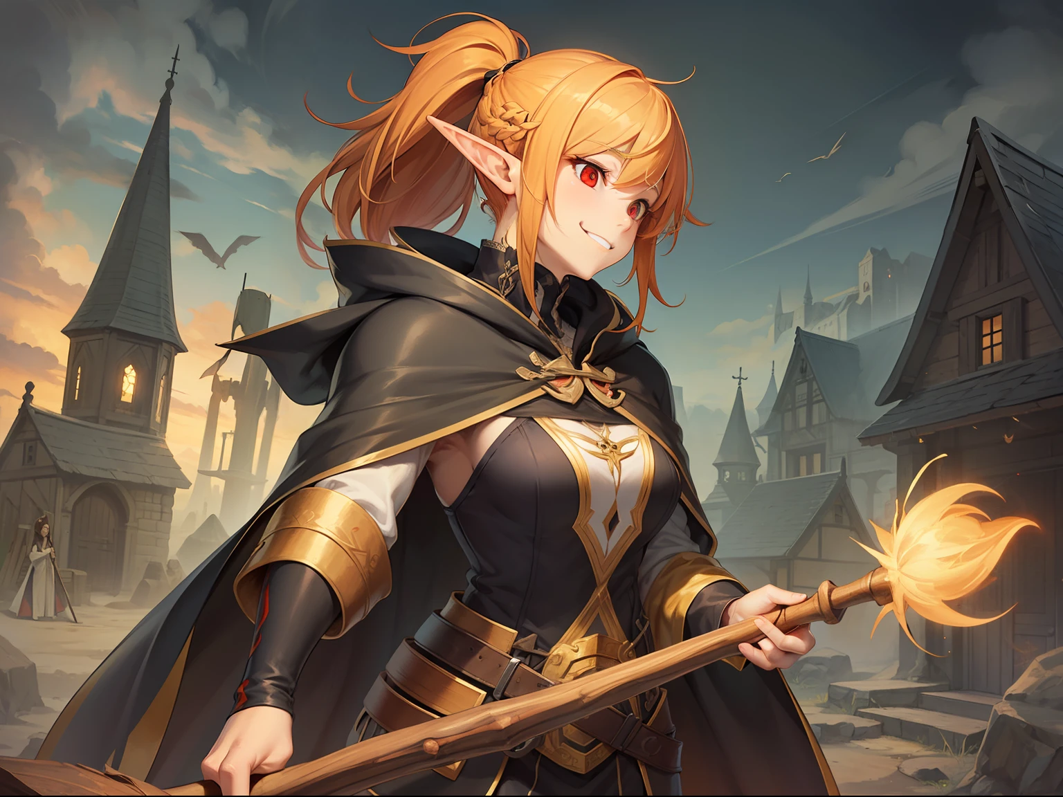 Game standing painting, bust, orange hair, single ponytail hairstyle, a witch, black skin, light brown skin, elf ears, red eyes, magic eyes, female imp, arrogant smile, shabby earth-colored cloak, thick wooden stick staff