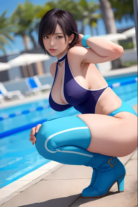 Best Picture Quality, Best Quality, 8k Picture Quality, 1 Girl, Full Body, Nagisa, Embarrassing, Blushing, Irritated, Beautiful, Light Blue Enamel, Sleeveless, High Neck Competitive Swimsuit, Hard Nipples, Crotch Tucked, Light Blue Enamel Sai High Boots Pi...