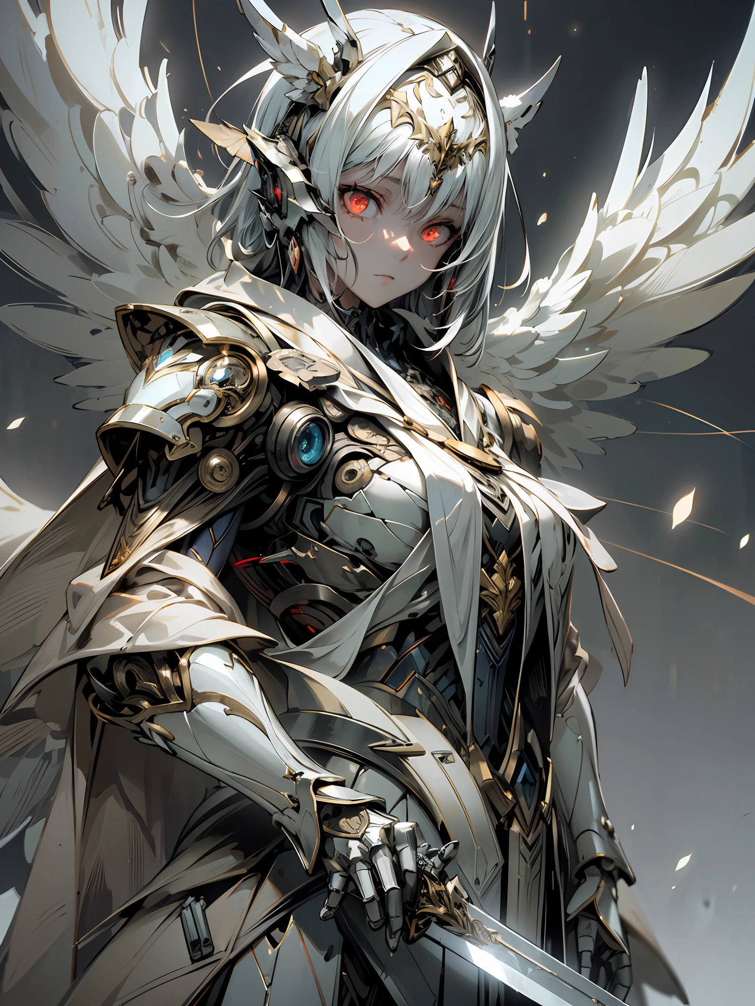 (masterpiece, best quality:1.3),extremely high detailed, intricate, 8k, HDR, wallpaper, cinematic lighting, (universe),(holding sword:1.3), glowing, armor, 1girl, beautiful face, red eyes, glowing eyes, mecha, white robe, large wings,