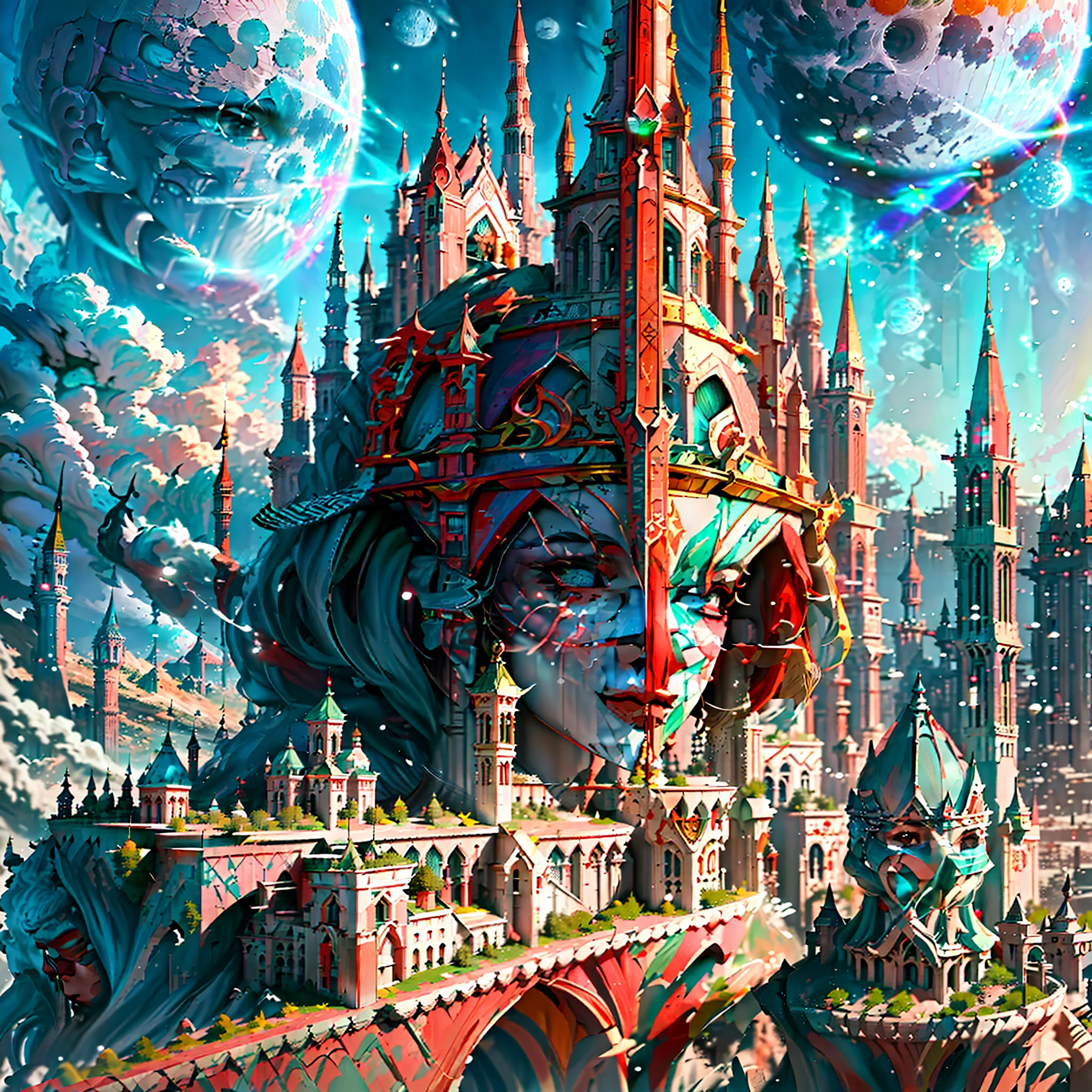 hay una gran obra maestra futurista, un castillo árabe de estilo artístico coránico, en medio de una ciudad futurista con una luna, en una ciudad de ciencia ficción y fantasía, Fondo de pantalla de fantasía de ciencia ficción, obra maestra arte conceptual paisaje urbano, Ilustración épica de ciencia ficción del arte de la caligrafía árabe, enorme diseño islámico futurista, ciencia ficción de fantasía, con obra maestra de arte coránico fondo de escritorio, fondo de la ciudad de arte de fantasía, in front of a Ciudad de fantasía, Ciudad de fantasía, en un castillo en un planeta alienígena con una obra maestra de caligrafía.