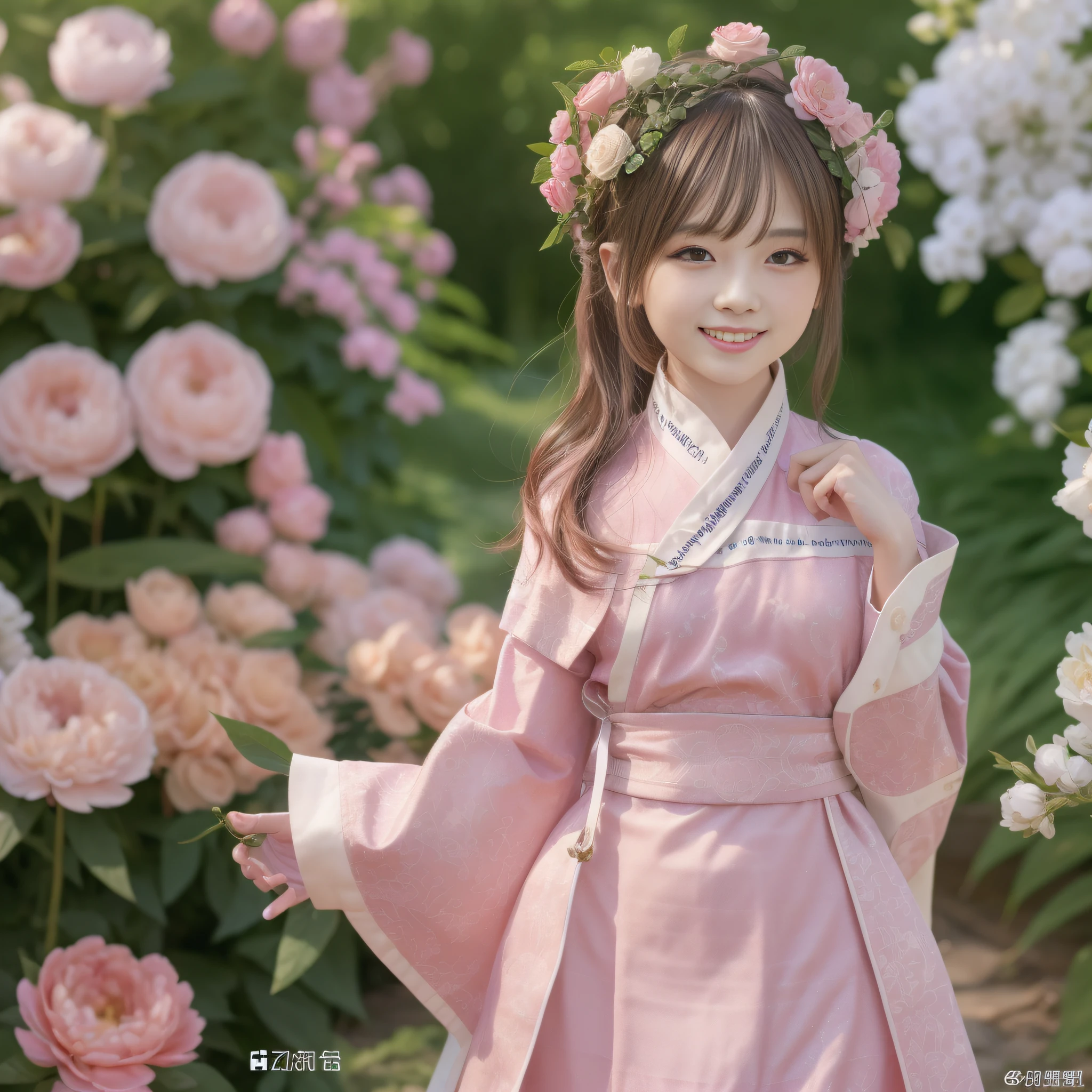 Extremely detailed CG Unity 8k wallpaper, best lighting, super detail, best quality, high resolution, ethnic style girl, soft light, beautiful hair, pink and white hanfu costume, open space, white silk, bright colors, smile, standing among peony bushes