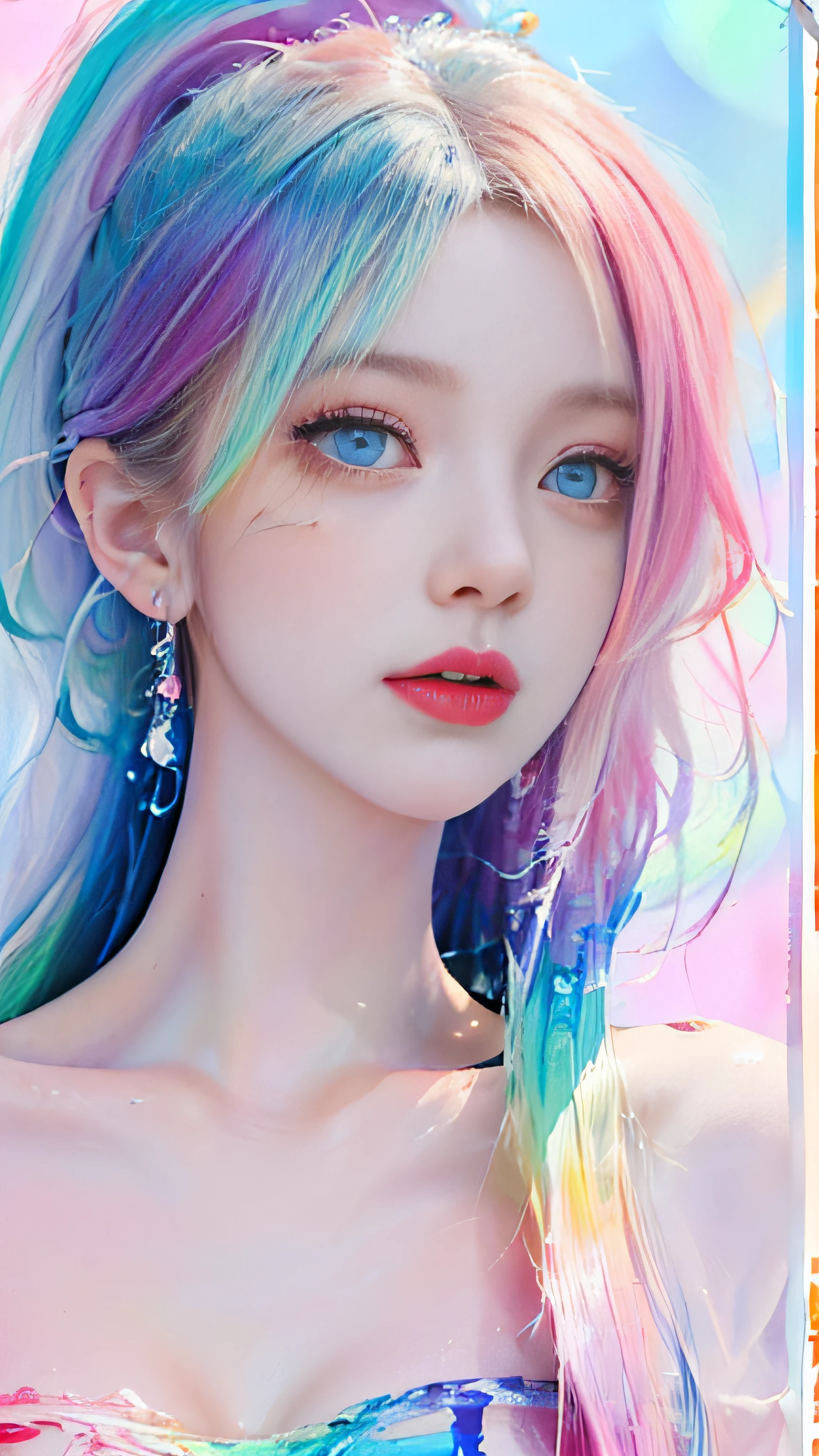 （Pink Fashion T-shirt：1.9），(Colorful hair: 1.8), (all the colours of the rainbow: 1.8),(((((vertical painting：1.6))), （painting：1.6），front, comics, illustrations, paintings, large eyes, crystal clear eyes,（ rainbow color gradient high ponytail：1.7）, exquisite makeup, closed mouth,(Small Fresh: 1.5),(Wipe Chest: 1.6) ，long eyelashes, white off shoulder T-shirt,  White Shoulder Shirt，looking at the audience, large watery eyes, (rainbow colored hair：1.6), color splash, （solo：1.8）, color splash, color explosion, thick paint style, messy lines, ((shining))，(colorful), (colorful), (colorful), colorful, Thick Paint Style, (Splash) (Color Splash), Vertical Painting, Upper Body, Paint Splash, Acrylic Pigment, Gradient, Paint, Highest Image Quality, Highest Quality, Masterpiece, Solo, Depth of Field, Face Paint,  colorful clothes, (Elegant: 1.2), gorgeous,long hair, wind, (Elegant: 1.3), (Petals: 1.4)，(((masterpiece))),(((best quality))),((ultra-detailed)),(illustration),(dynamic angle),((floating)),(paint),((disheveled hair)),(solo),(1girl) , (((detailed anima face))),((beautiful detailed face)),collar,bare shoulders,white hair, ((colorful hair)),((streaked hair)),beautiful detailed eyes,(Gradient color eyes),(((colorful eyes))),(((colorful background))),(((high saturation))),(((surrounded by colorful splashes))),