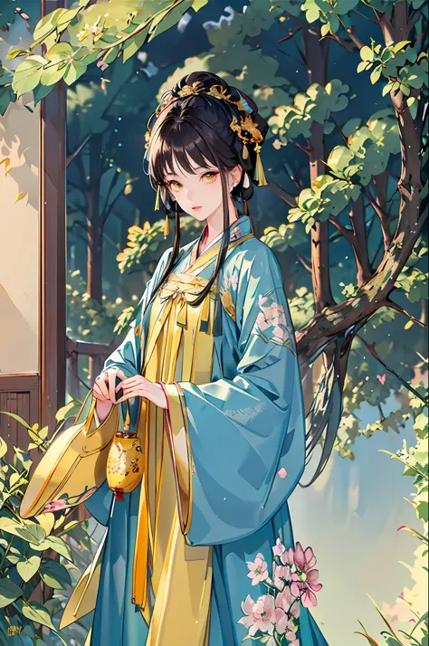 Best quality, intricate details, high resolution, beautiful details (Hanfu, Tang style), yellow eyes, short black hair