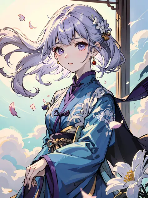 Mature Girl ，Purple eye，Blue-white hair color，Floating hair，Delicate and agile eyes，Intricate damask hanfu，Gorgeous accessories，Wearing pearl earrings，fov，f/1.8，MasterPiece，Transparent screen，Chinese ancient architecture，blue sky with white clouds，Petals f...