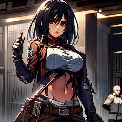 anime image of a woman with long black hair and a brown jacket, mikasa ackerman, from attack on titan, in attack on titan, (anim...