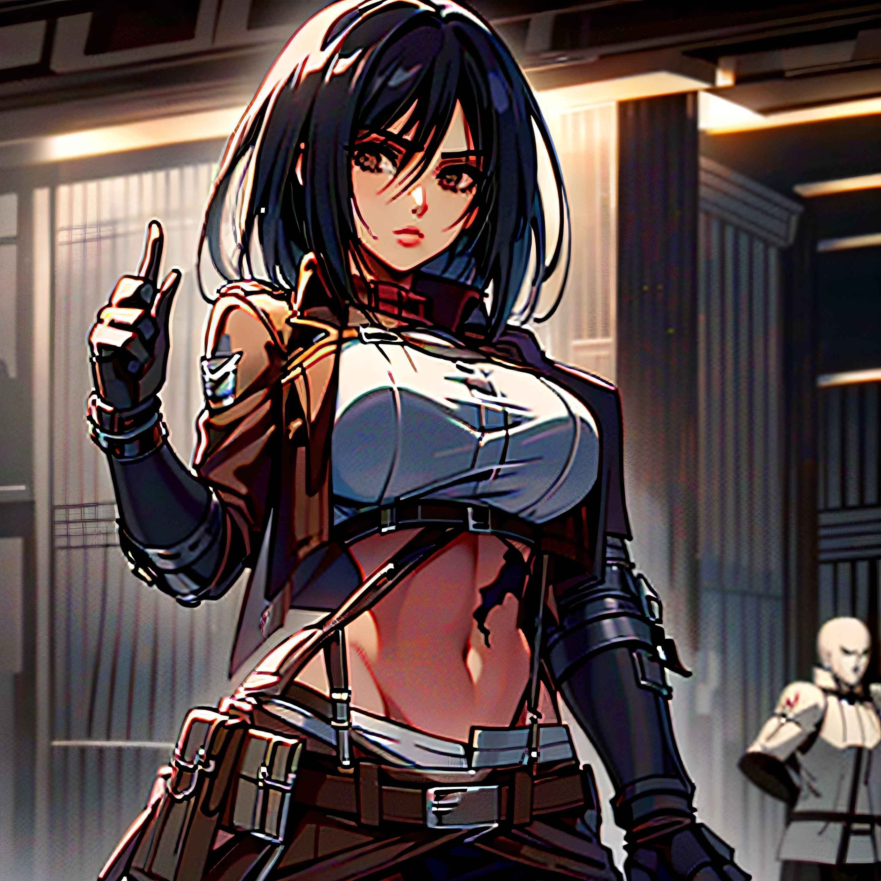 Anime image of a woman with long black hair and a brown jacket, Mikasa Ackerman, from Attack on Titan, in Attack on Titan, (anime Attack on Titans), female anime character, anime character, Shingeki no Kyojin, handsome, (masterpiece: 1.2), (best quality: 1.2), (perfect eyes: 1.1), (perfect face: 1.1), (sad god, perfect lighting, 1girl, mature woman,  Beautiful face, black hair, black skirt, breasts, crop top, combat pose, elbow gloves, elbows, jewelry, large breasts, huge breasts, lips, long hair, long hair of low tie, midriff, enamel, defined belly, tanquinho, navel, on the back, broken lips, black eyes, skirt, solo, suspenders, (regatta), tense clothes, tense shirt, tifa lockhart --seed 2291259711