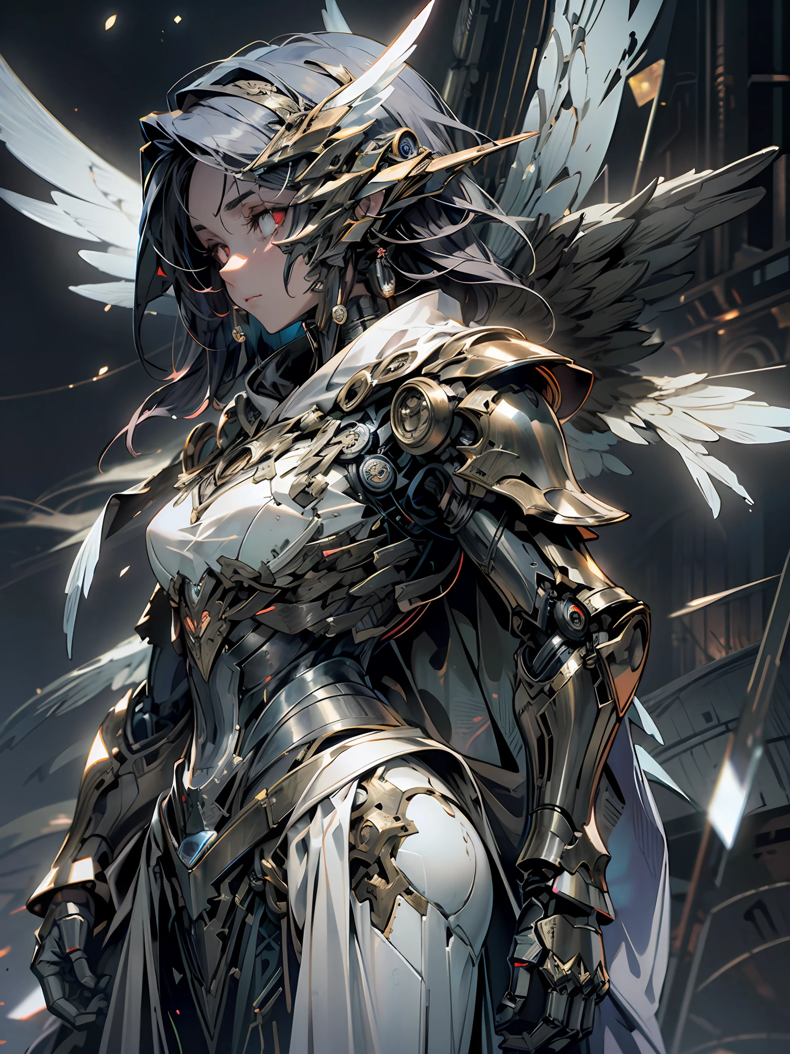 (masterpiece, best quality:1.3),extremely high detailed, intricate, 8k, HDR, wallpaper, cinematic lighting, (universe), fighting, glowing, armor, 1girl, beautiful face, red eyes, glowing eyes, mecha, white robe, large wings,
