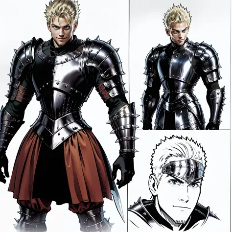 20 year old man,handsome,spiky blonde hair,smiling expression,medieval armor,big and legendary sword,armor pants,knight,detailed...