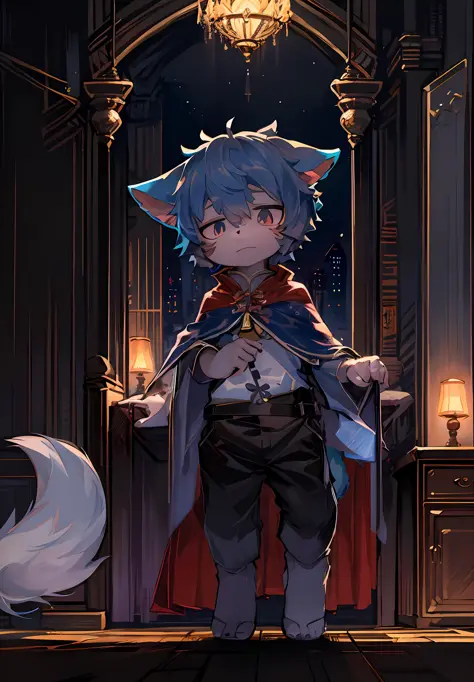 anime character with blue hair and a cape standing in a room, trending on artstation pixiv, ((wearing aristocrat robe)), boy with cat ears and tail, hero 2 d fanart artsation, keqing from genshin impact, 8k high quality detailed art, detailed fanart, full ...