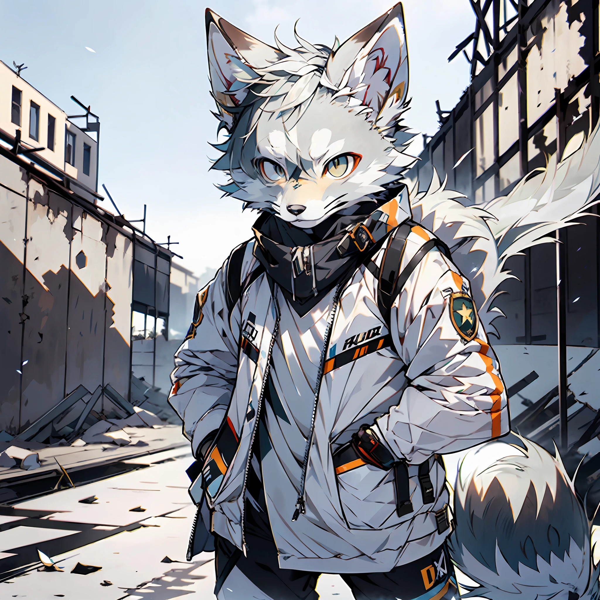 high detail, hyper quality, high resolution, 1080P, solo, furry, (male arctic fox: 1.5), (gray fur: 1.3), gray skin, gray ears, golden eyes, sharp claws, (fluffy tail: 1.2), wearing bulletproof vests, soldier helmets, goggles, on the ruins of the battlefield, hiding behind broken walls, frowning, serious expression