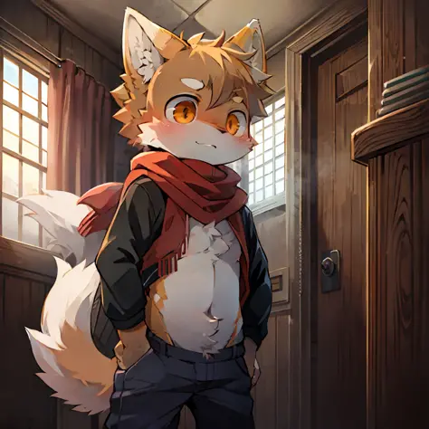 Orange and white fur, wolf ears, big tail, wolf tail, red scarf, standing, cute anime character, Shota, 7 years old