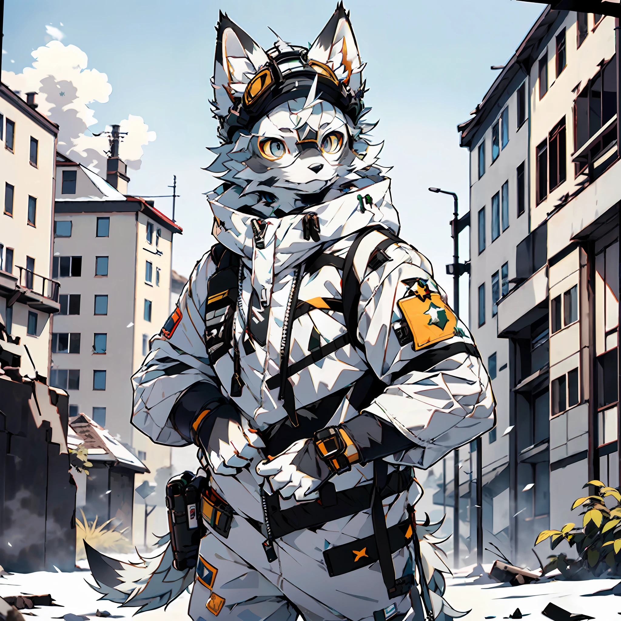 high detail, hyper quality, high resolution, 1080P, solo, furry, (male arctic fox: 1.5), (gray fur: 1.3), gray skin, gray ears, golden eyes, sharp claws, (fluffy tail: 1.2), (wearing soldier equipment)), wearing bulletproof vests, ((wearing soldier helmets)), wearing goggles, on battlefield ruins, detailed background
