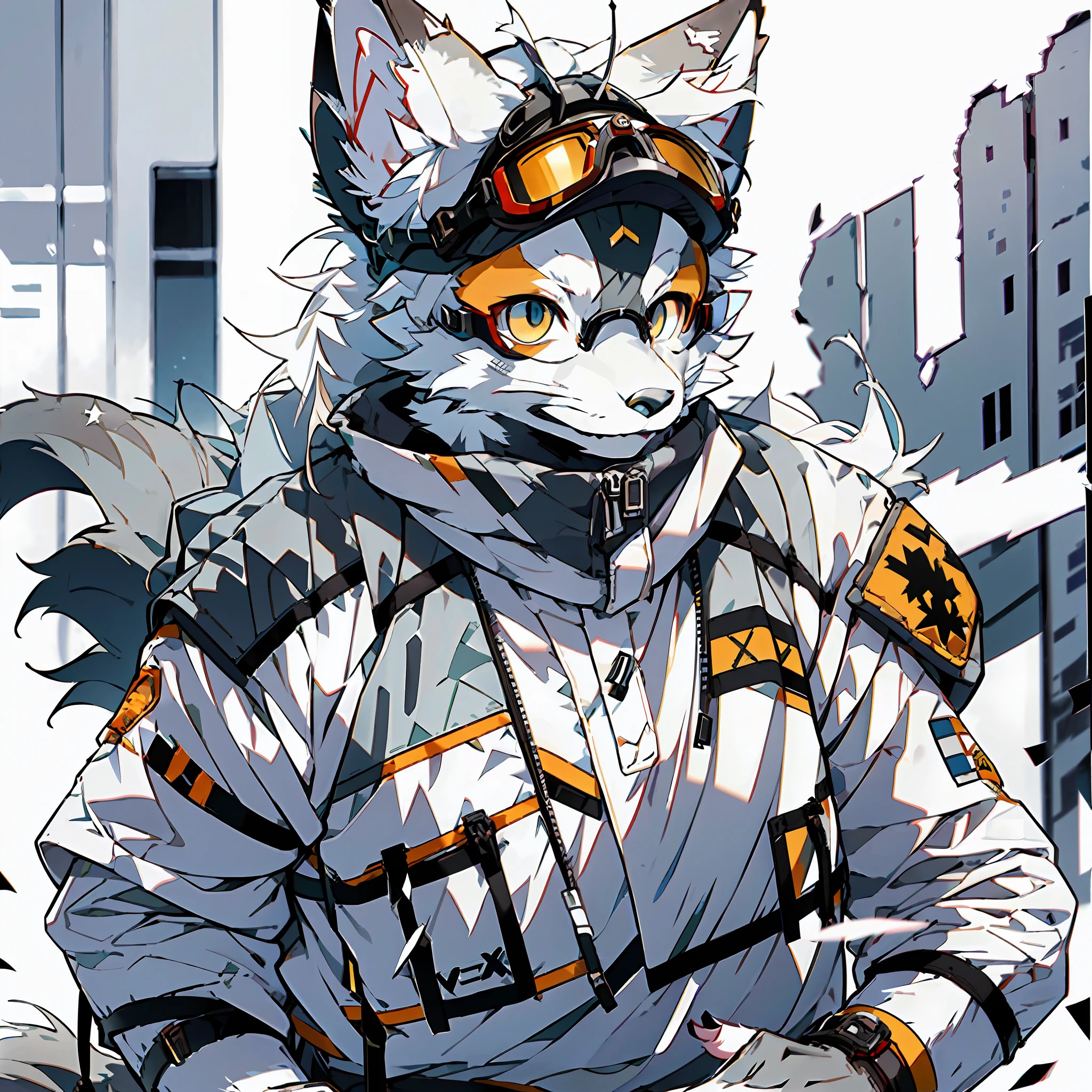 high detail, hyper quality, high resolution, 1080P, solo, furry, (male arctic fox: 1.5), (gray fur: 1.3), gray skin, gray ears, golden eyes, sharp claws, (fluffy tail: 1.2), (wearing soldier equipment)), wearing bulletproof vests, ((wearing soldier helmets)), wearing goggles, on battlefield ruins, detailed background