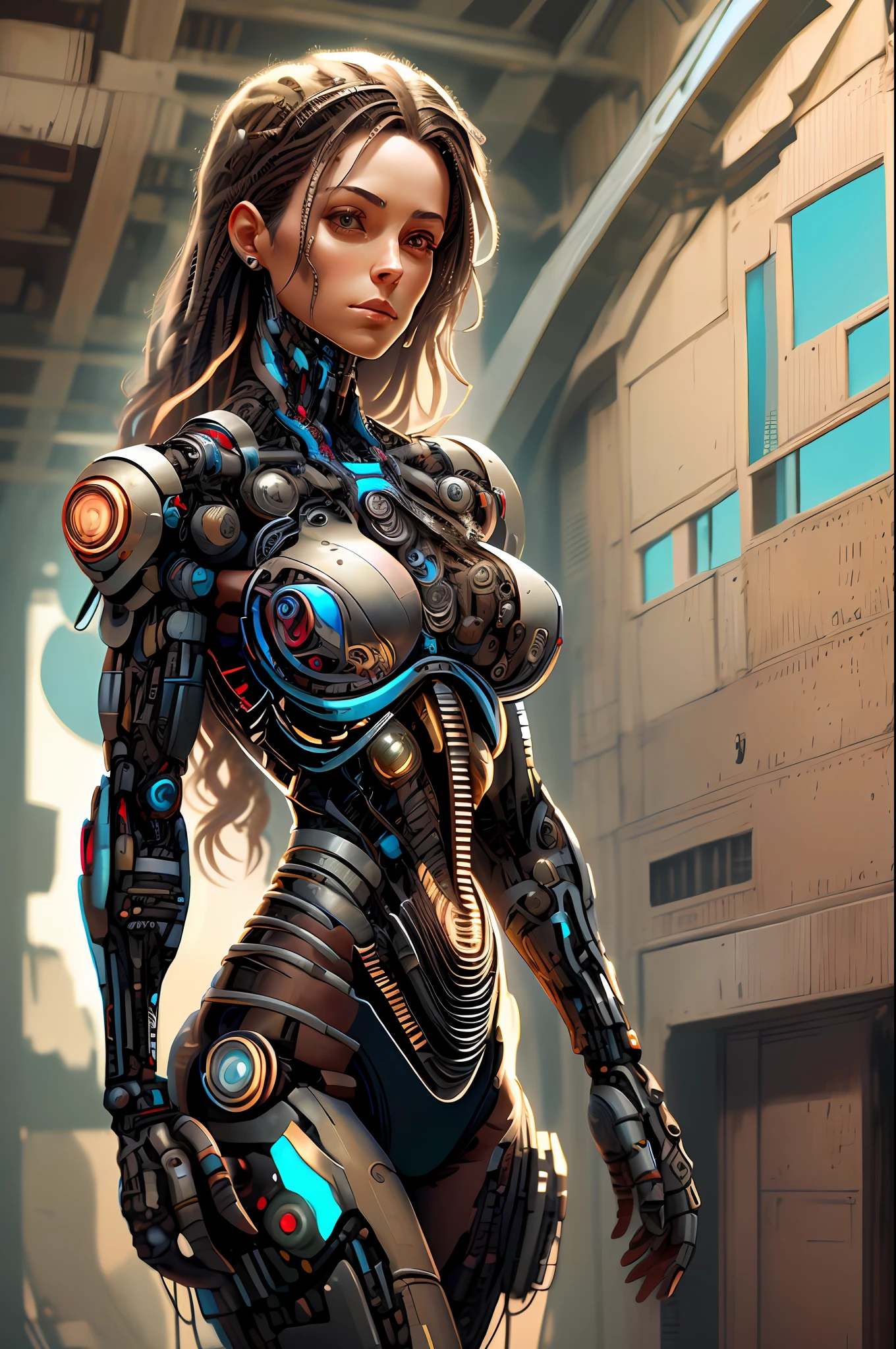 "A female cyborg, with intricate details and apparent threads, in a full body, representing a masterpiece of impeccable quality, with highly realistic colors, captured at a frontal angle."