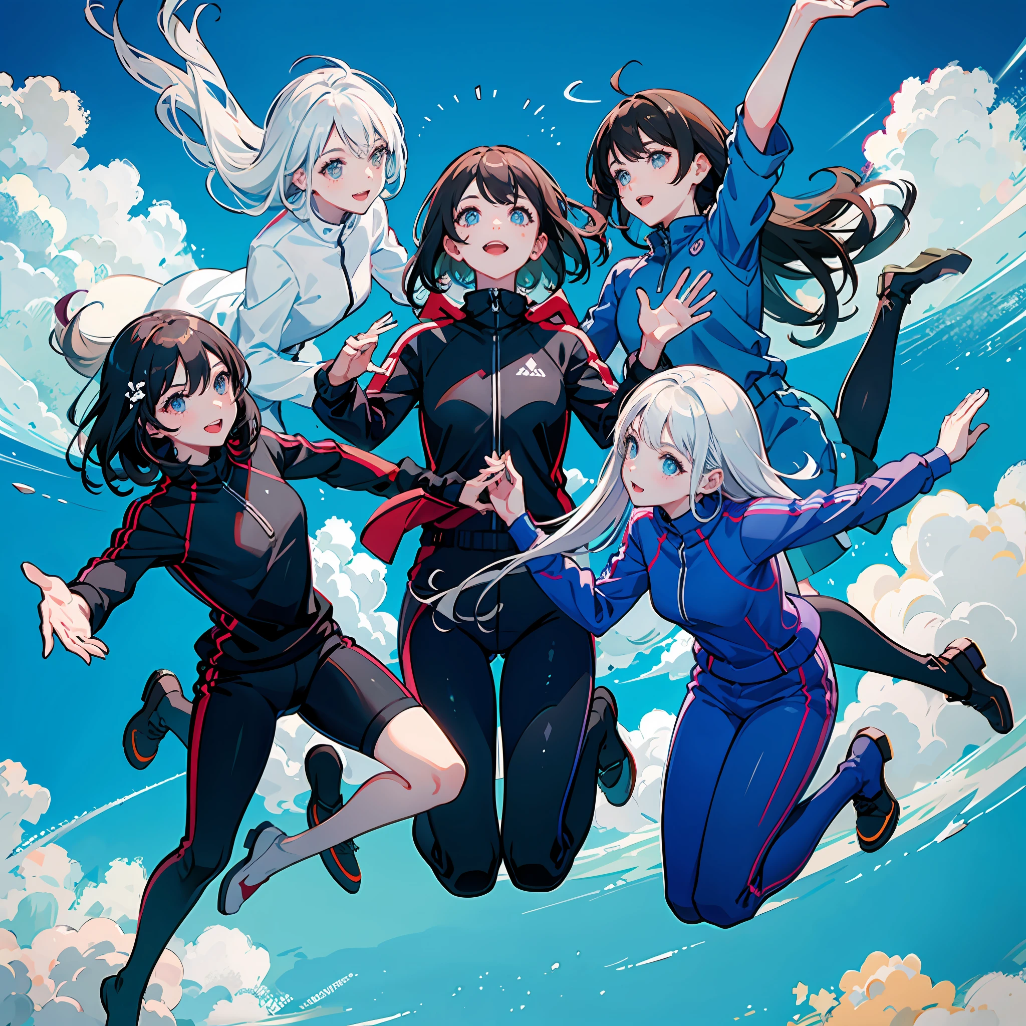 Anatomy good, five girls, skydiving, jumping from a plane, swooping pose, open arms, random hair color, gray hair, random hairstyle, random color eyes, hand in hand in a circle, looking up shot, happy, hair blown by the wind, sunny, blue sky, white clouds, the picture gives a thrilling feeling, shocking scene