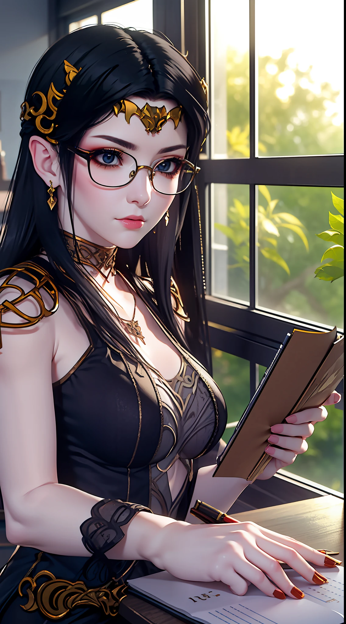 (character details + style) female teacher, (details) half-body, holding glasses frames, (lens effect + lighting + scene) light and shadow interlaced, by the window, the sun is warm, flowers are green, bookshelves are dazzling, students' desks are scattered with teaching stationery and textbooks, and the classroom air is fresh.