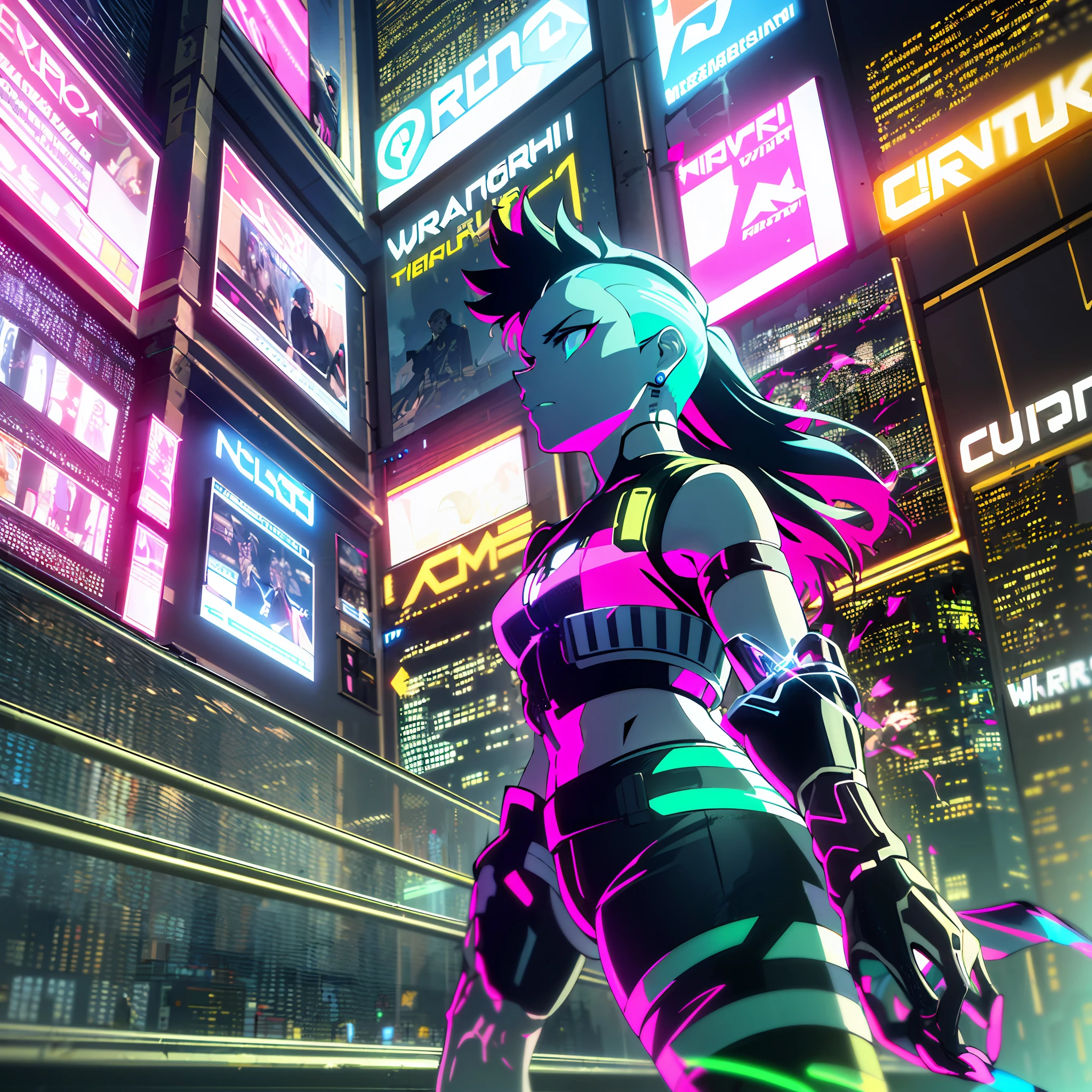 (masterpiece, detailed, highres:1.4), cyberpunk, cyberpunk 2077, neon cyberpunk night city background, metallic cybernetic silver hand in the foreground in frame, green-blue glitch effect around the hand, purple-pink neon glow