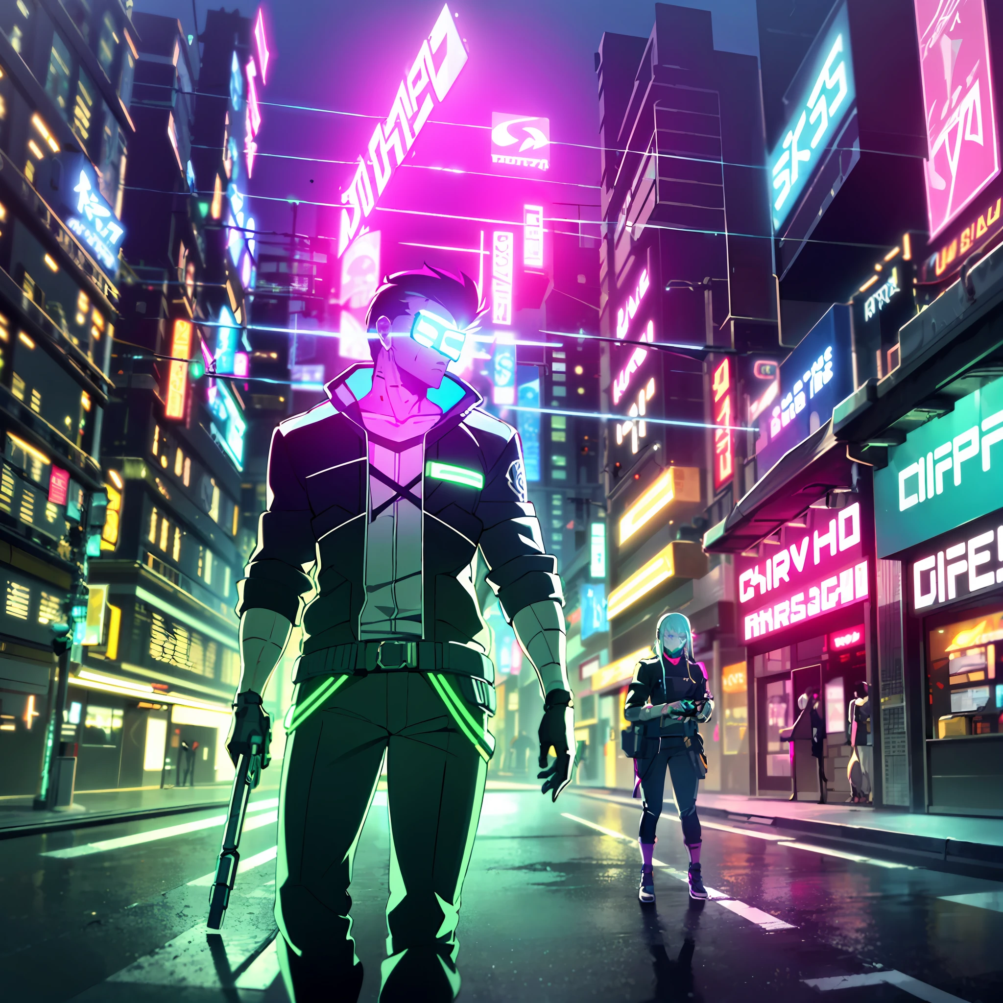 (masterpiece, detailed, highres:1.4), cyberpunk, cyberpunk 2077, neon cyberpunk night city background, metallic cybernetic silver hand in the foreground in frame, green-blue glitch effect around the hand, purple-pink neon glow