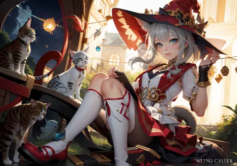 Anime Girl Riding with Cats in Witch Costume, Splash Art Anime Lori, Kavasi, From the East, Zero Zen Art, Cat Witch, Digital Art...